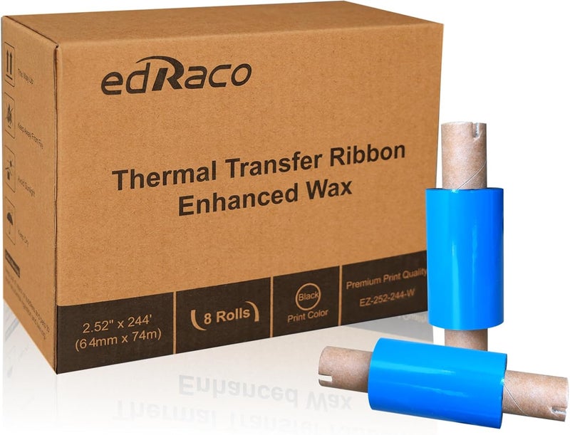 Edraco 8 Rolls Desktop Thermal Transfer Ribbons -Enhanced Wax, 2.52" x 244'(64mm x 74m), 0.5” Core, for Zebra Desktop Printer - Image 1